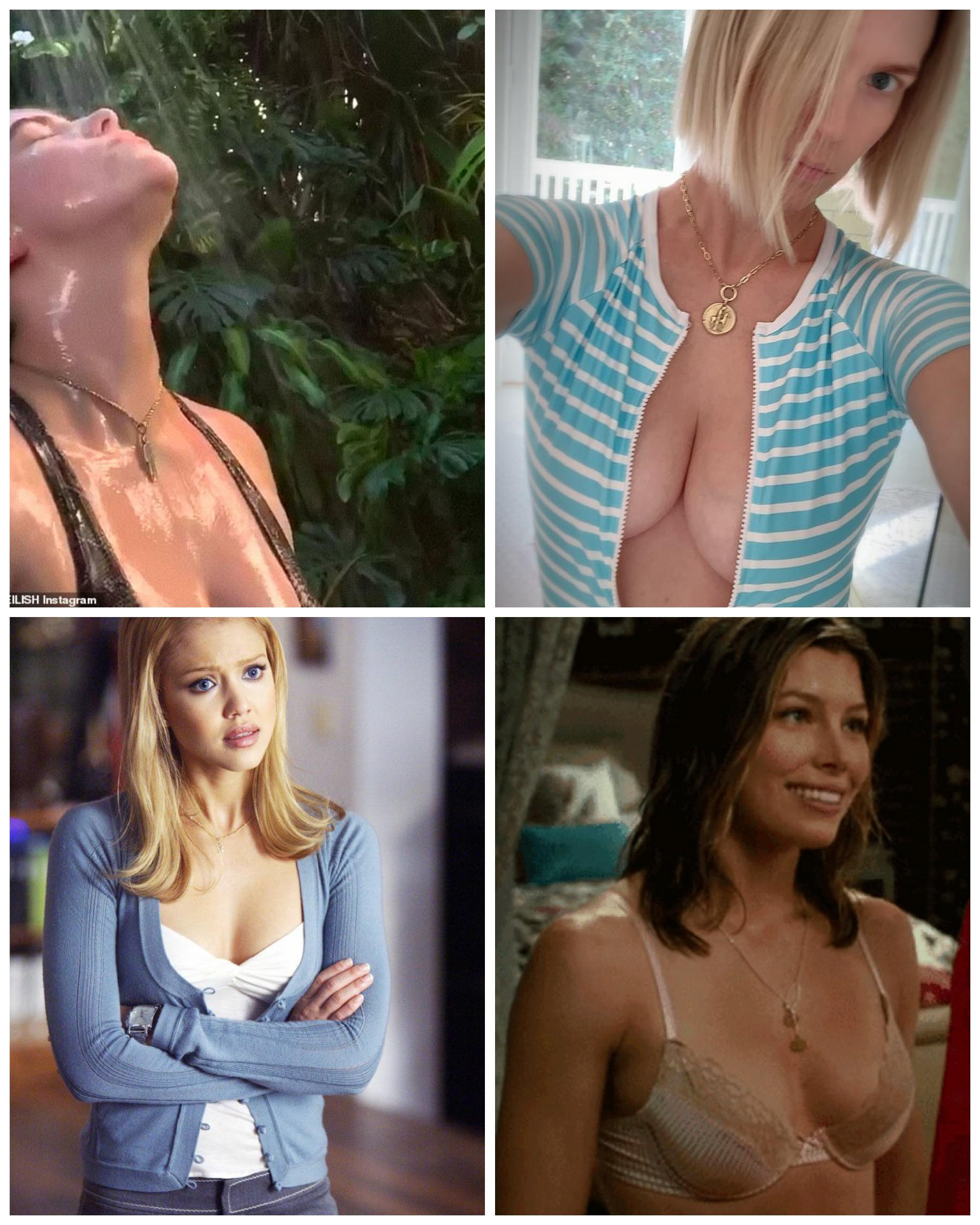 Jessica Alba, Jessica Biel, Billie Eilish, January Jones.... IDK what it is....but whenever women show some amount of cleavage while wearing necklaces it's even more arousing, NO CLUE WHY