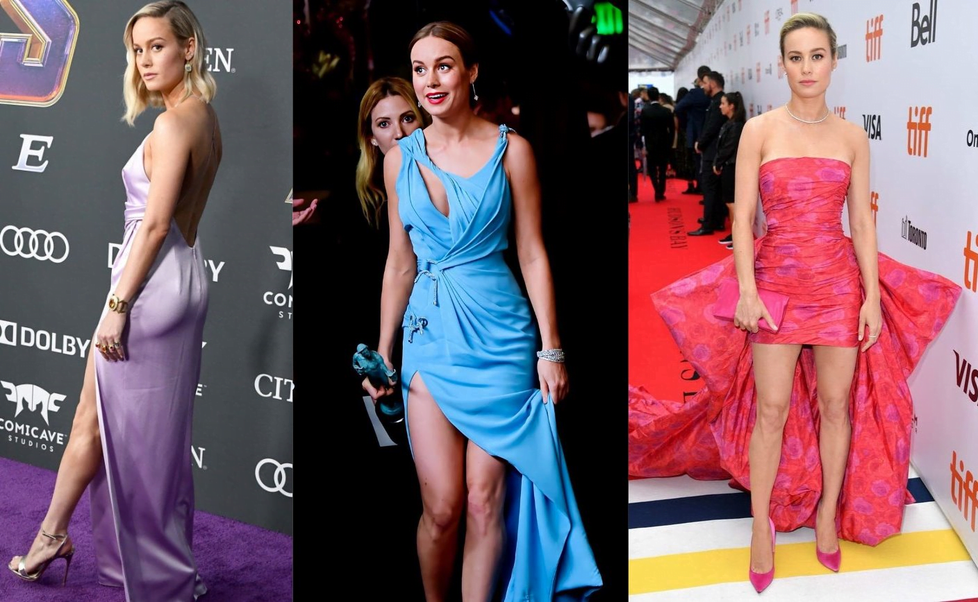 Brie Larson and the slutty, glorified bedsheets she calls, "dresses". Might as well go outside completely naked.