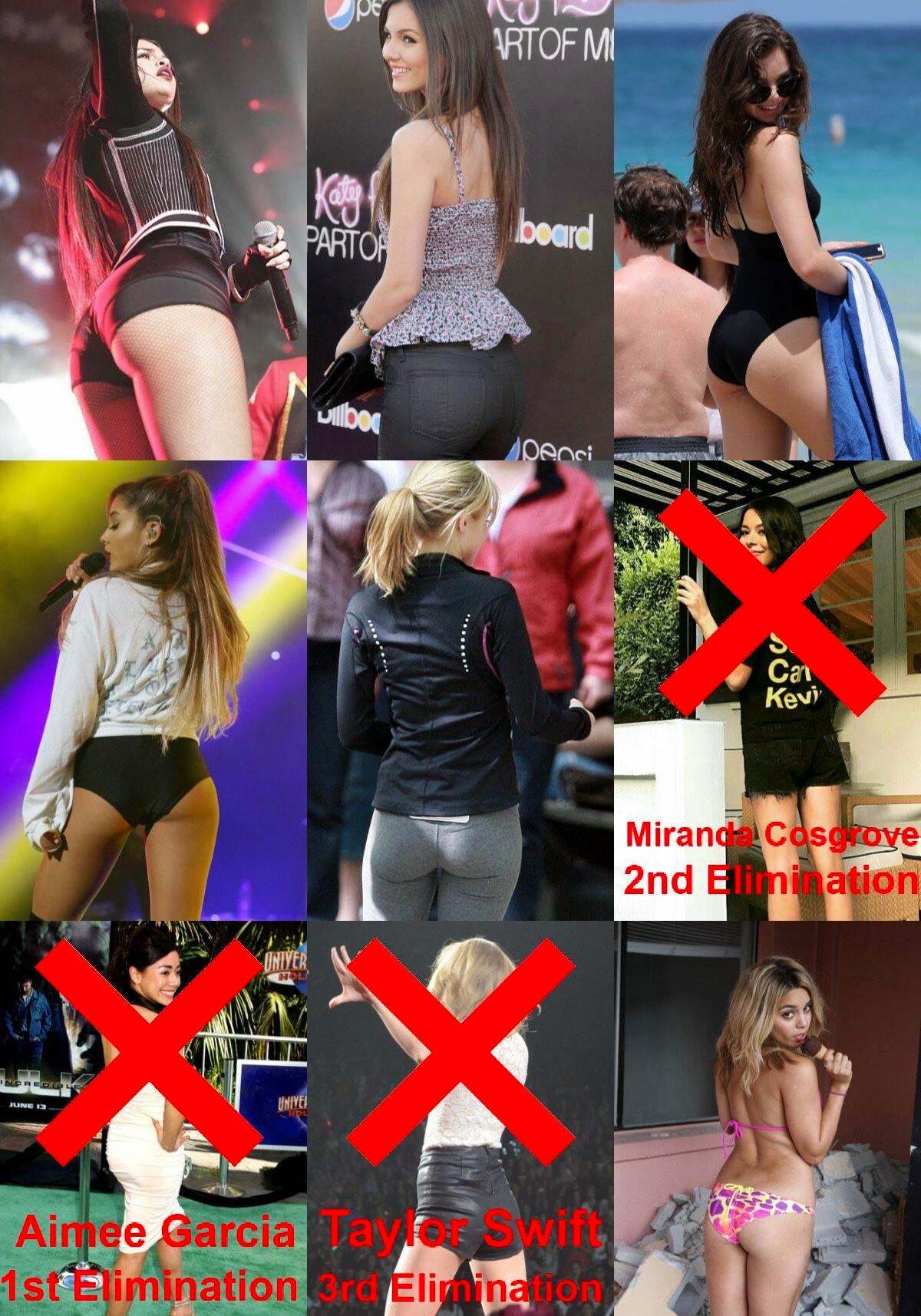 Best Ass Tournament: 4th Elimination. Choose the next girl to be eliminated. Selena Gomez, Victoria Justice, Hailee Steinfeld, Ariana Grande, Kristen Bell, Vanessa Hudgens