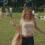 Alice Eve running while braless in slow motion