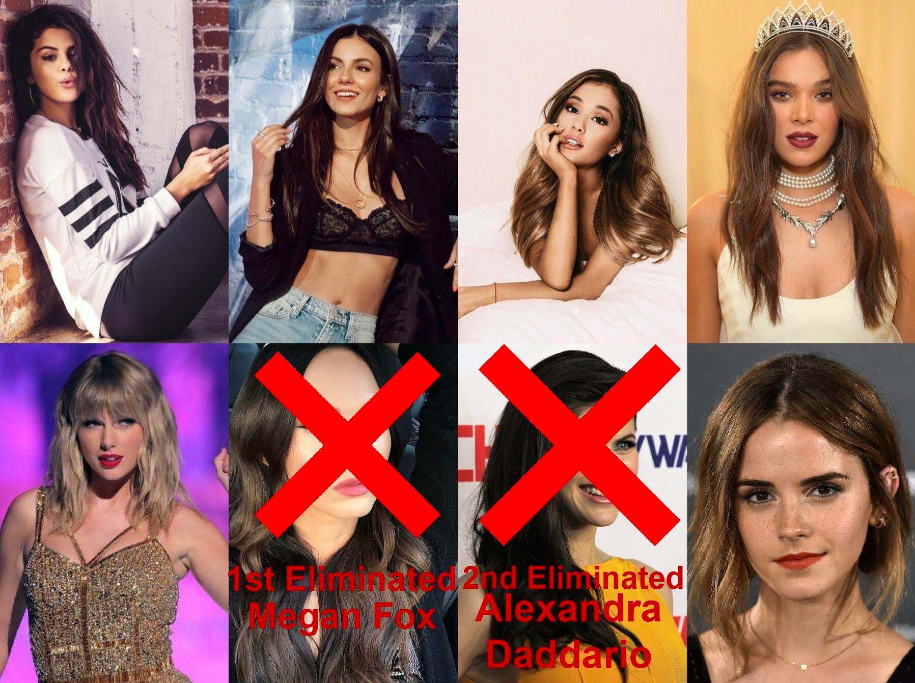 Tightest Pussy Tournament 3. Choose the next girl to be eliminated. Poll in comments. Selena Gomez, Victoria Justice, Ariana Grande, Hailee Steinfeld, Taylor Swift, Emma Watson