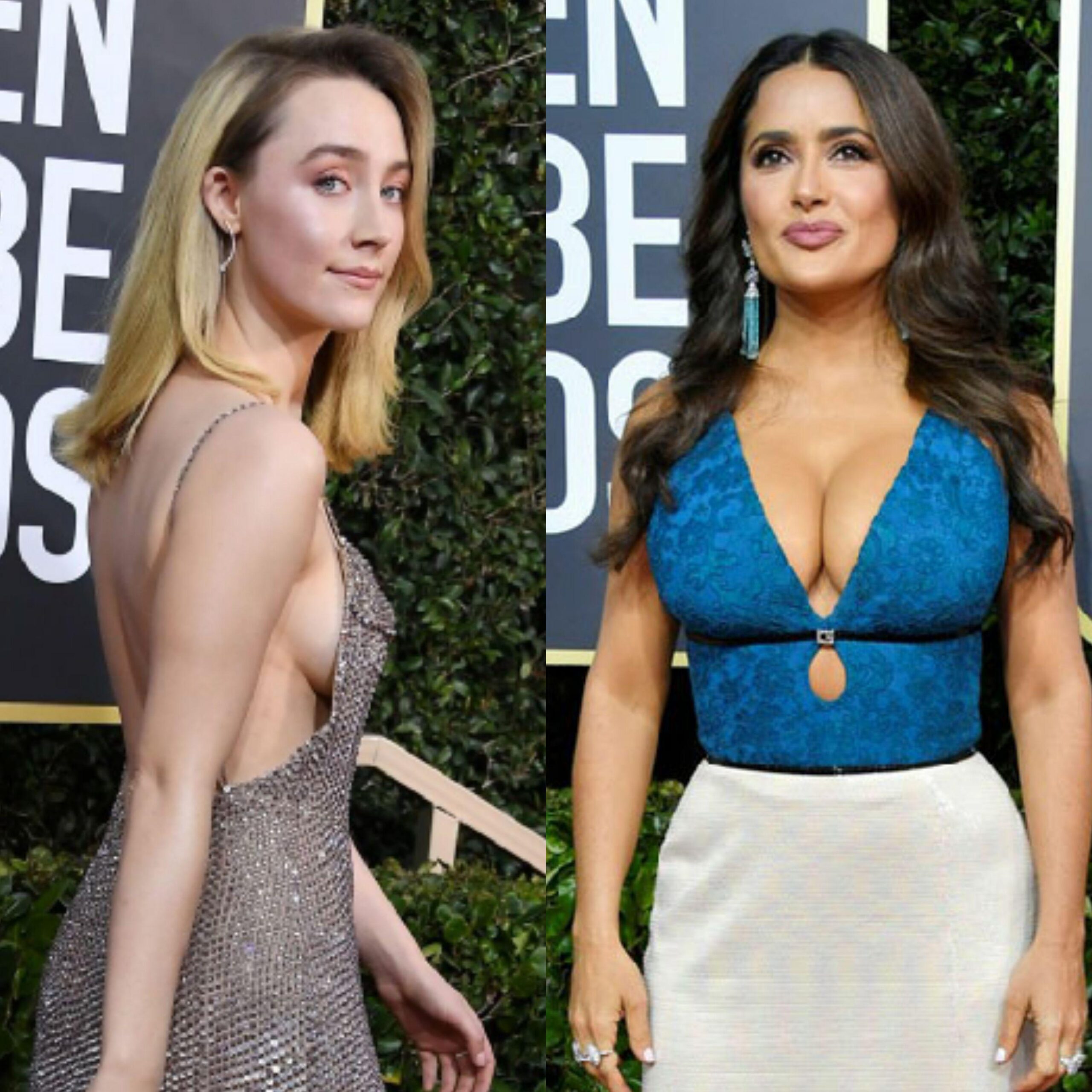 Saoirse Ronan and Salma Hayek showing off their Golden Globes