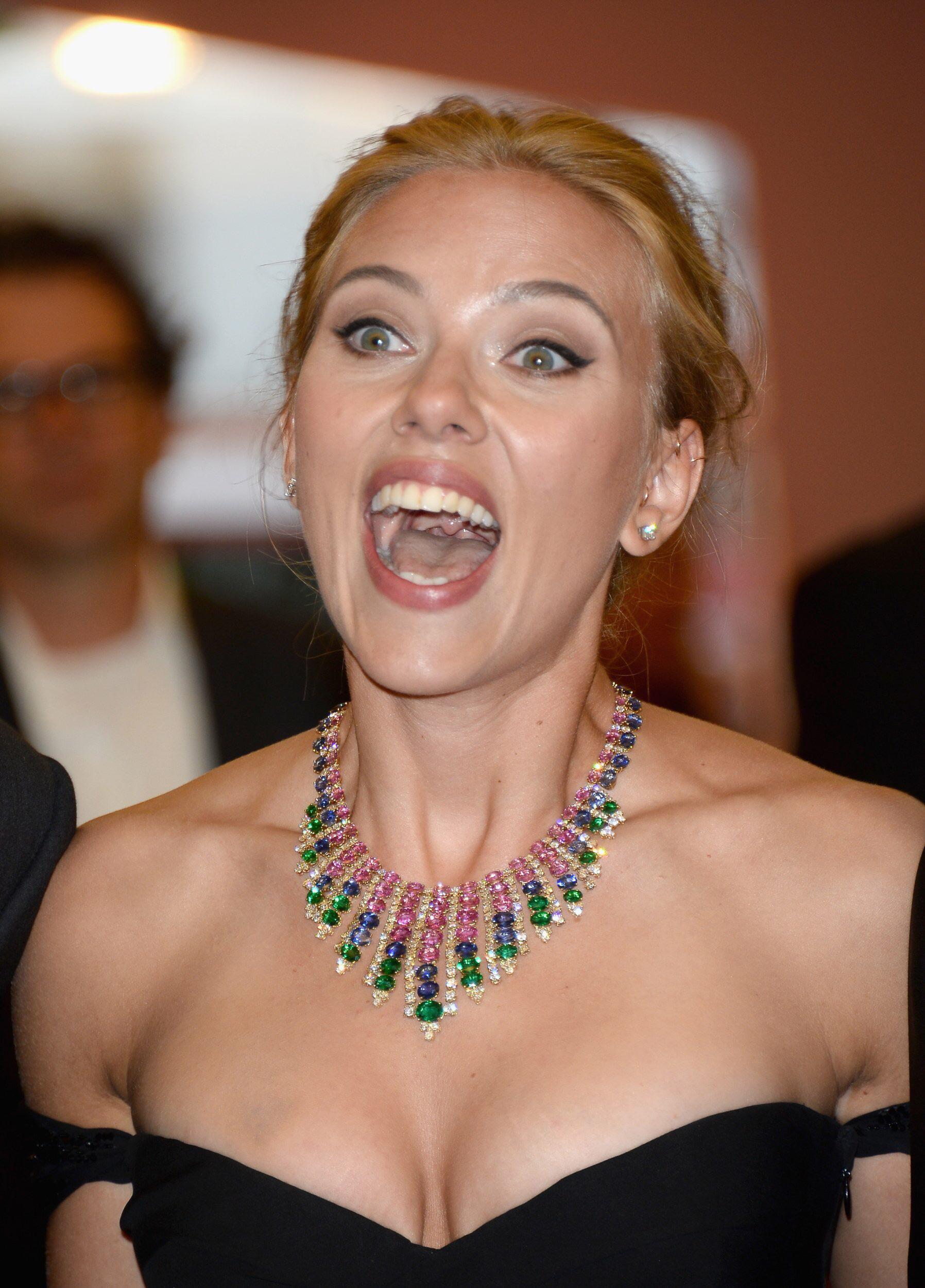 Scarlett Johansson with her mouth wide open