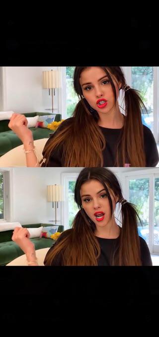 Selena Gomez instructing us how to jerk off, with red lipstick and ponytails that would be useful for the kinky night she always dreams to experience and invites us