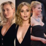 Marvel trio Brie Larson, Elizabeth Olsen and Scarlett Johansson in black dresses