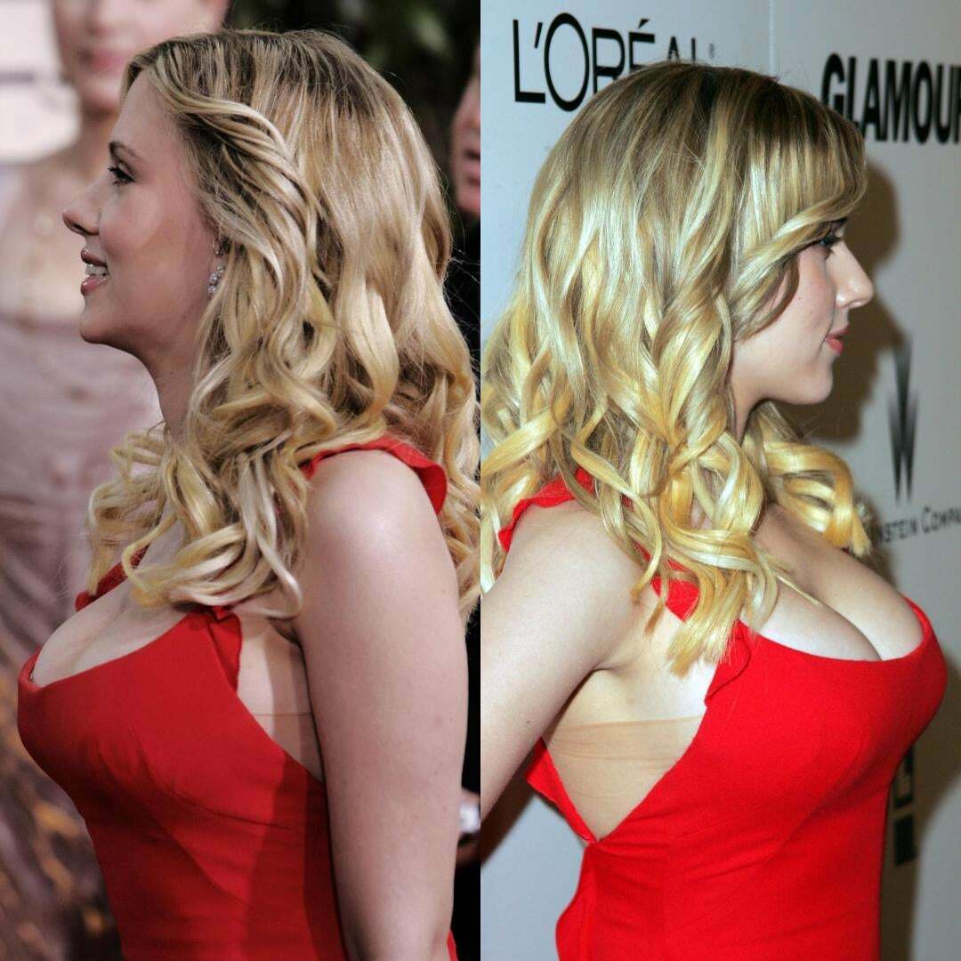 Scarlett Johansson in her iconic red dress with that amazing cleavage