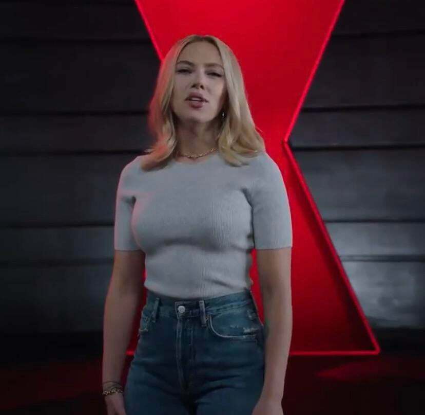 Scarlett Johansson looking busty while promoting Black Widow