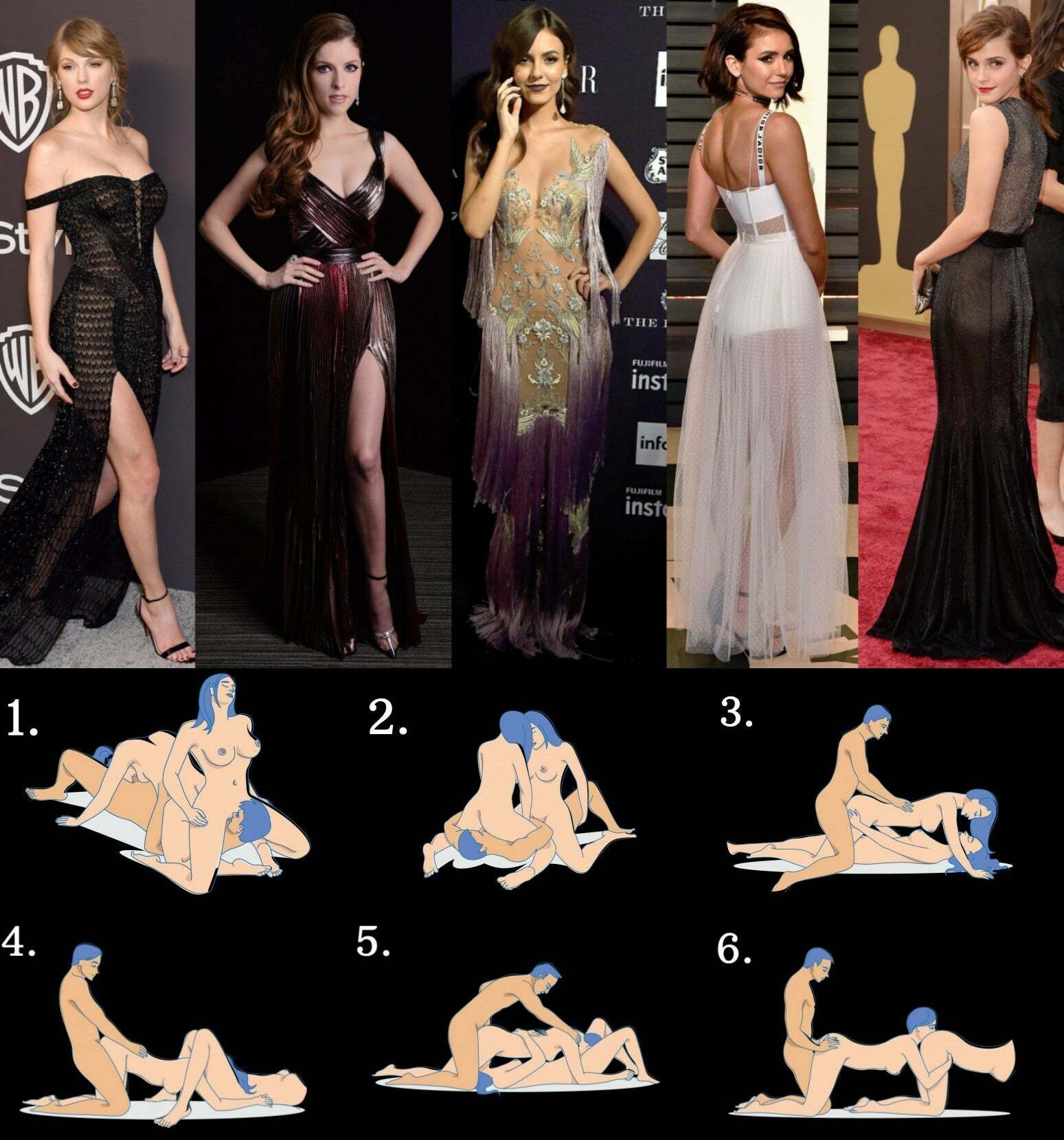 Celebs who have never done a nude scene.Taylor Swift,Anna Kendrick,Victoria Justice,Nina Dobrev,Emma Watson.Pick 2 to give them their nude debuts in a threesome sex scene with you and choose a position.