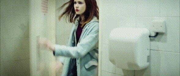 Karen Gillan feels horny and enters the men's restroom for quick sex