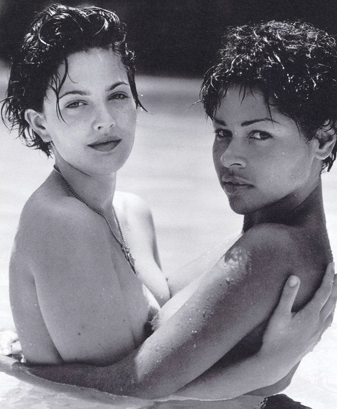 Drew Barrymore and friend in the pool